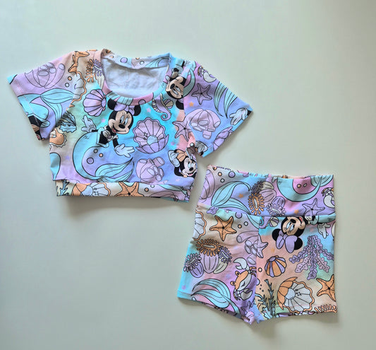 ***Size 5 short bike shorts and cropped bralette tee with band OOAK