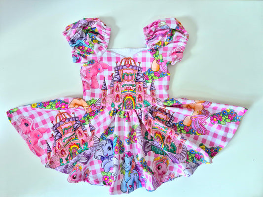 Pony Castle Puff Sleeve Twirl Dress – Pink Gingham Size 4