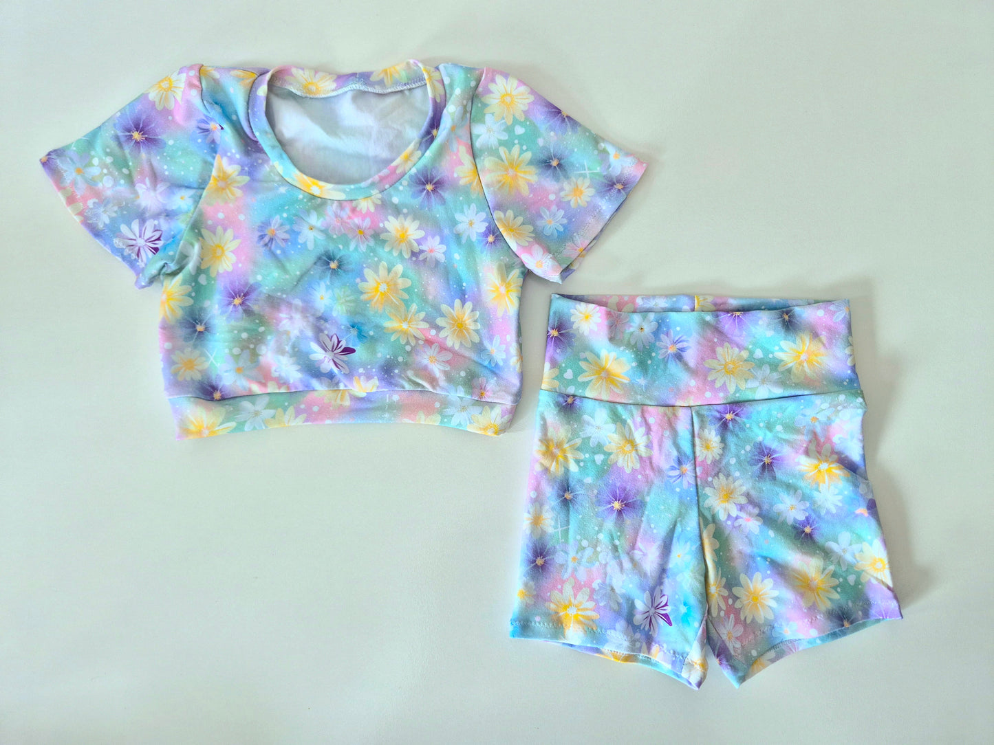 Size 6 short bike shorts and cropped bralette tee with band OOAK