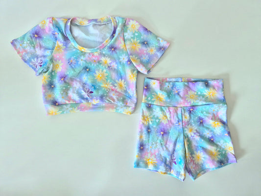 Size 6 short bike shorts and cropped bralette tee with band OOAK